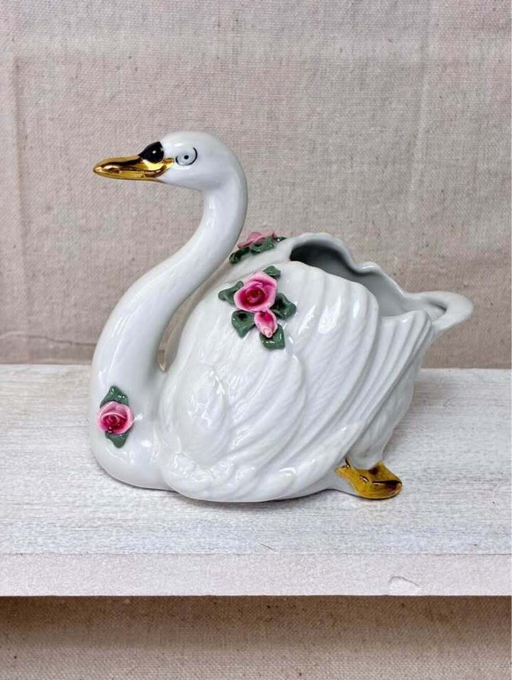 Vintage Dresden Germany Porcelain Swan Figurine with Applied Pink Roses